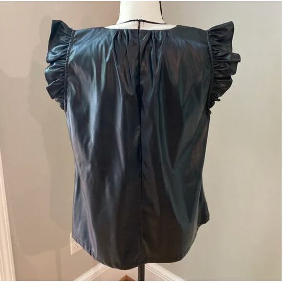 THML Small Black Faux Leather Short Flutter Sleeve Flowy Blouse Knit Neck - Picture 11 of 11